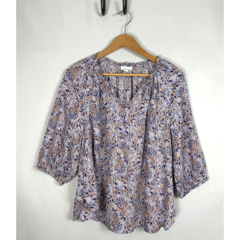 J. Jill Blouse Blue Floral 100% Linen 3/4 Sleeve Split‎ Neck Top Women's Large